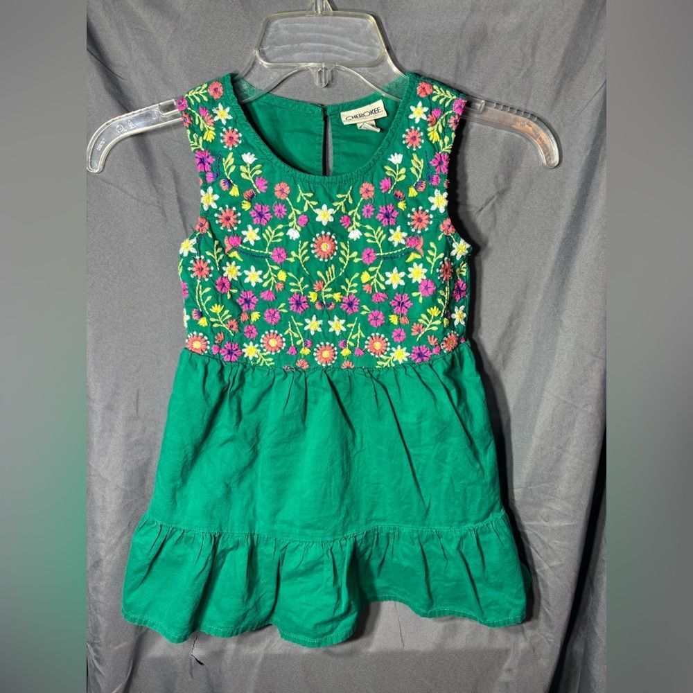 Cherokee Green Sleeveless Dress with Multicolor Floral Embroidery EPC